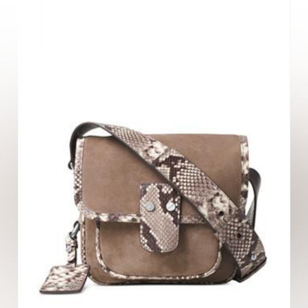 MICHAEL Michael Kors Brown Suede Crossbody with Snake-Print Trim
